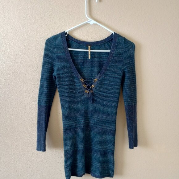 Free People Boho Y2K Henley Bodycon Top Wool Cotton Silk Bella Swan Blue Speckle - Picture 6 of 7